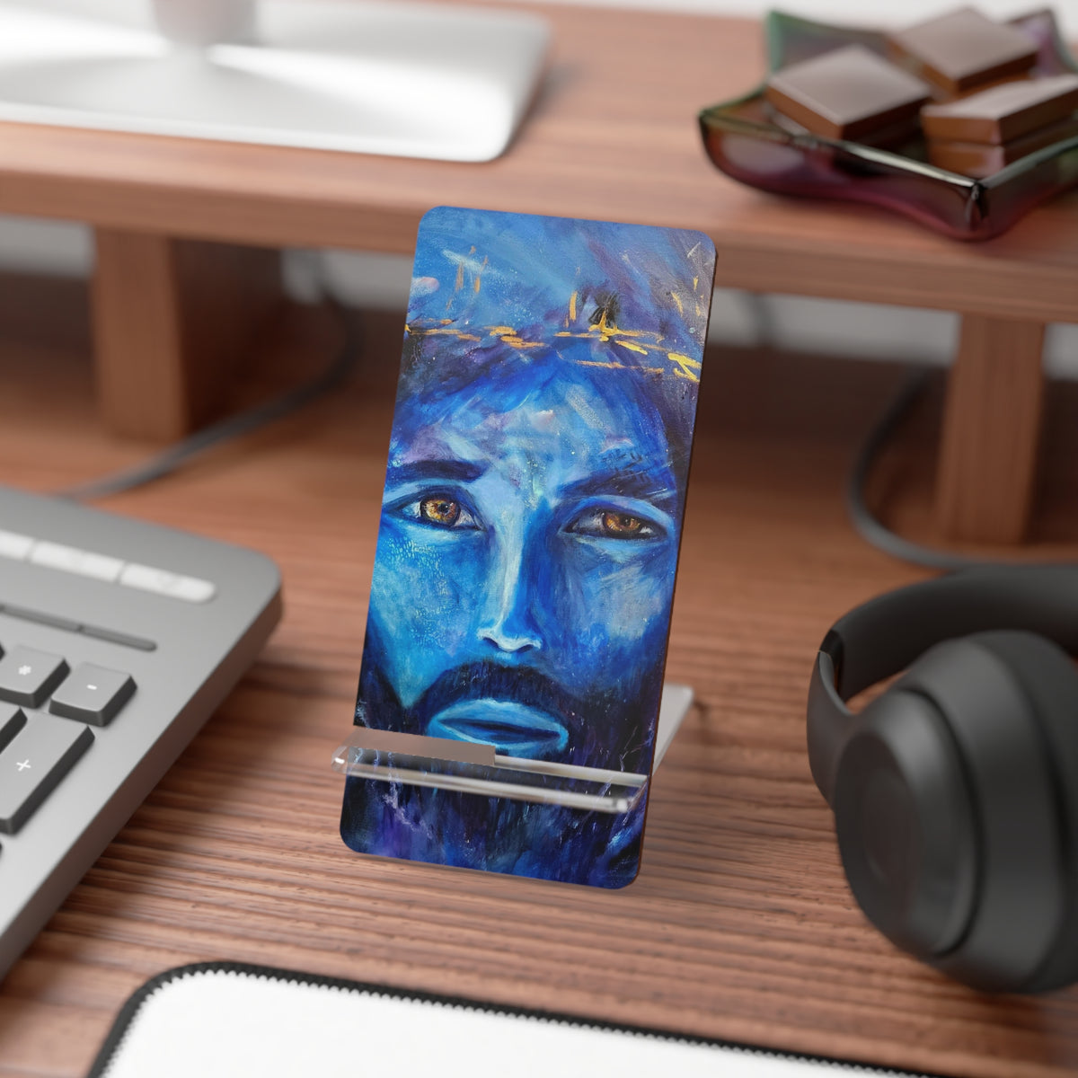 El Rio Portrait Phone Stand — Religious Smartphone Display, Jesus Crown of Thorns Art
